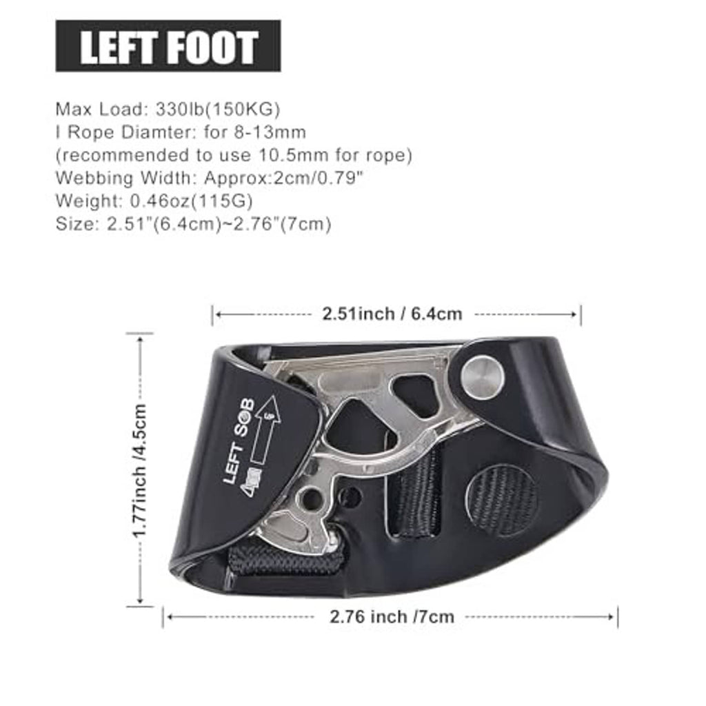 Left foot rock climbing ascender diagram, dark housing with silver metal parts