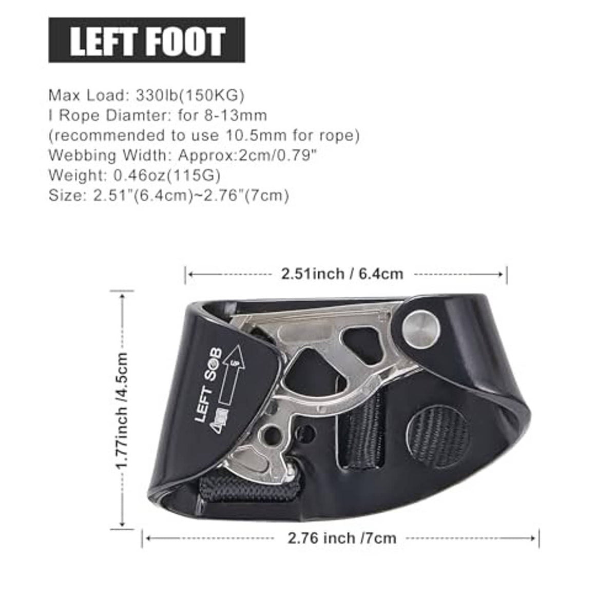 Left foot rock climbing ascender diagram, dark housing with silver metal parts