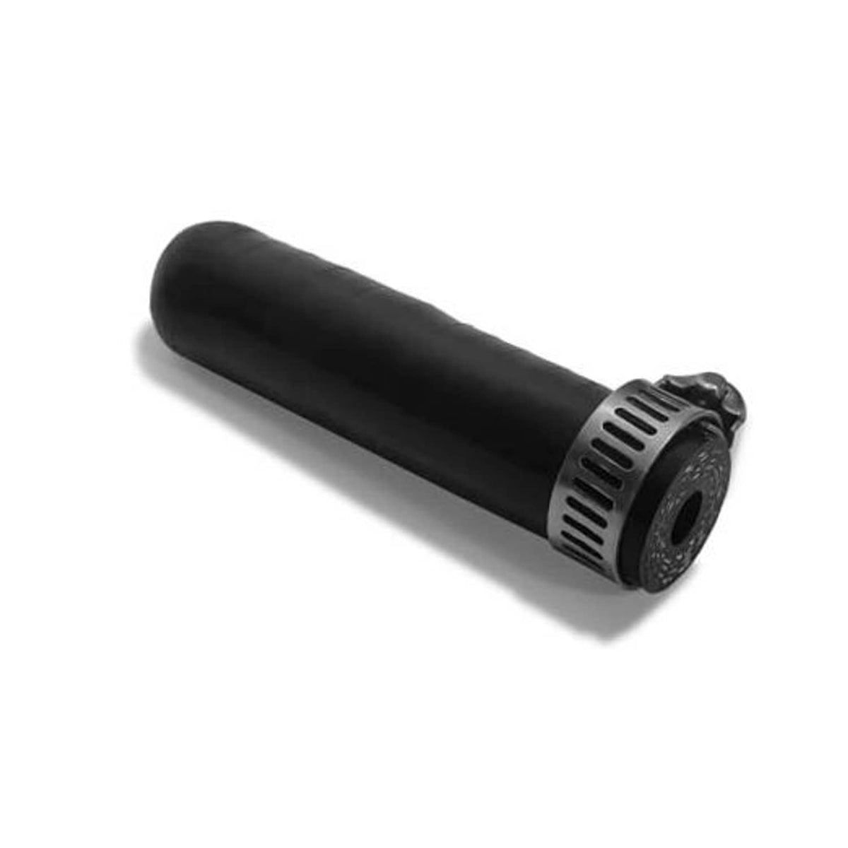 Reinforced black silicone hose cap with metal hose clamp, cylindrical capped shape