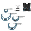 Teal outside micrometer set with four C-frame gauges and metal measuring tips