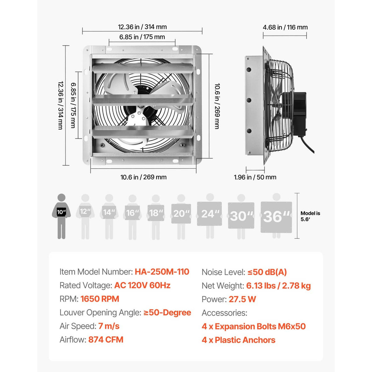 Wall-mounted exhaust fan dimension chart with measurements and model information