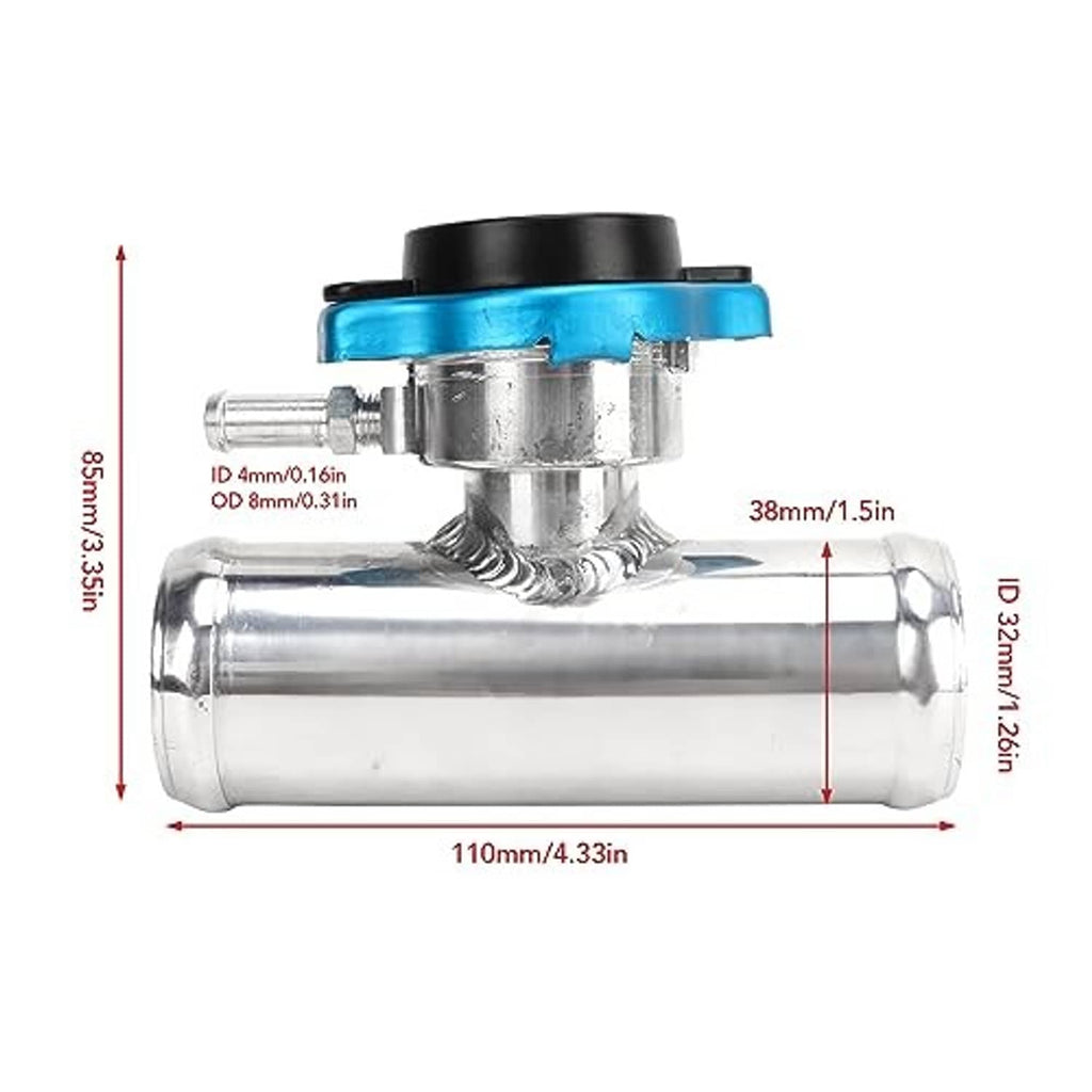 Radiator coolant filler neck gauge with blue housing, chrome T-body and thermometer dial
