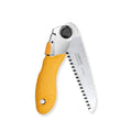 Folding pruning hand saw with yellow ergonomic handle and curved silver blade