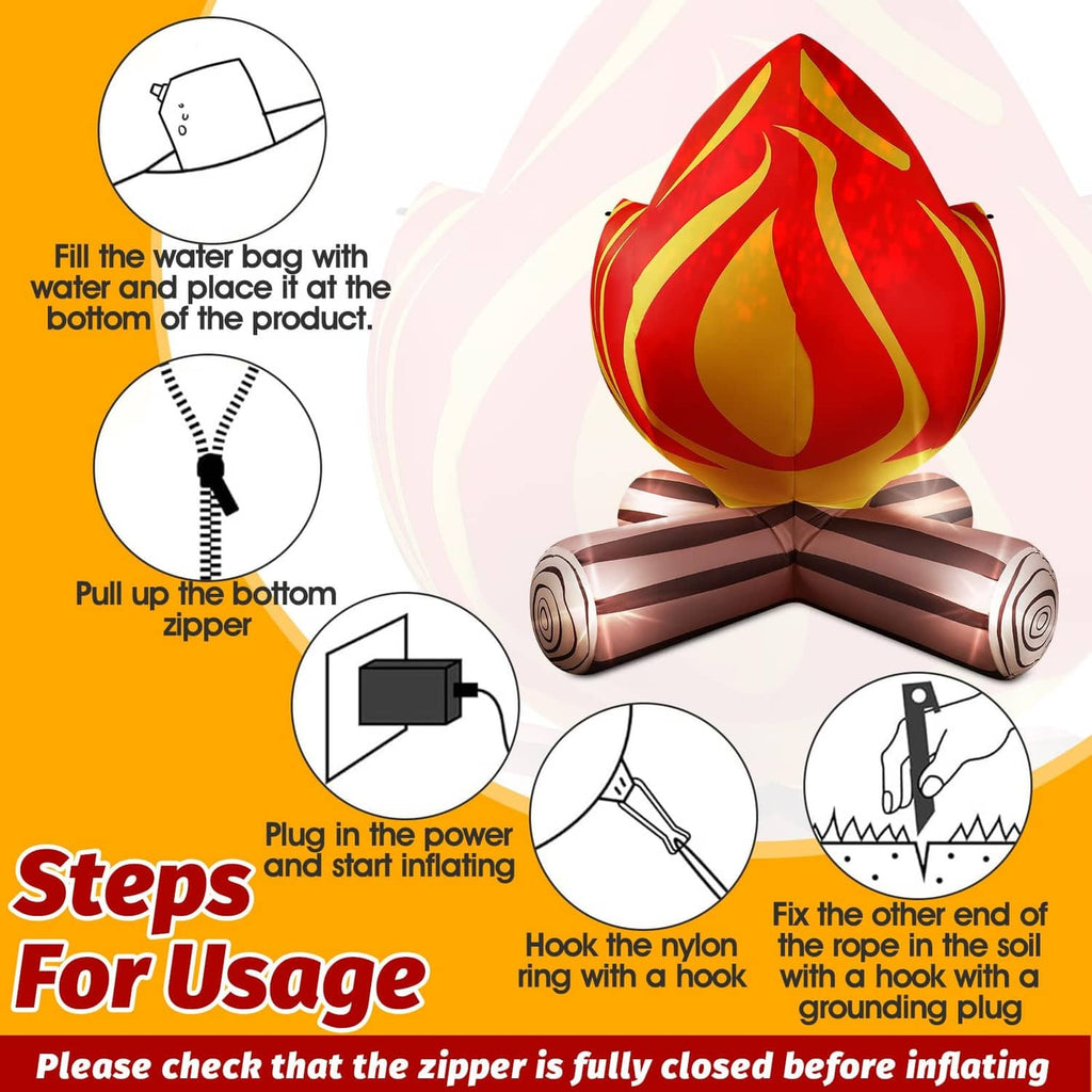 Inflatable campfire decoration with red-and-yellow flame over brown log base