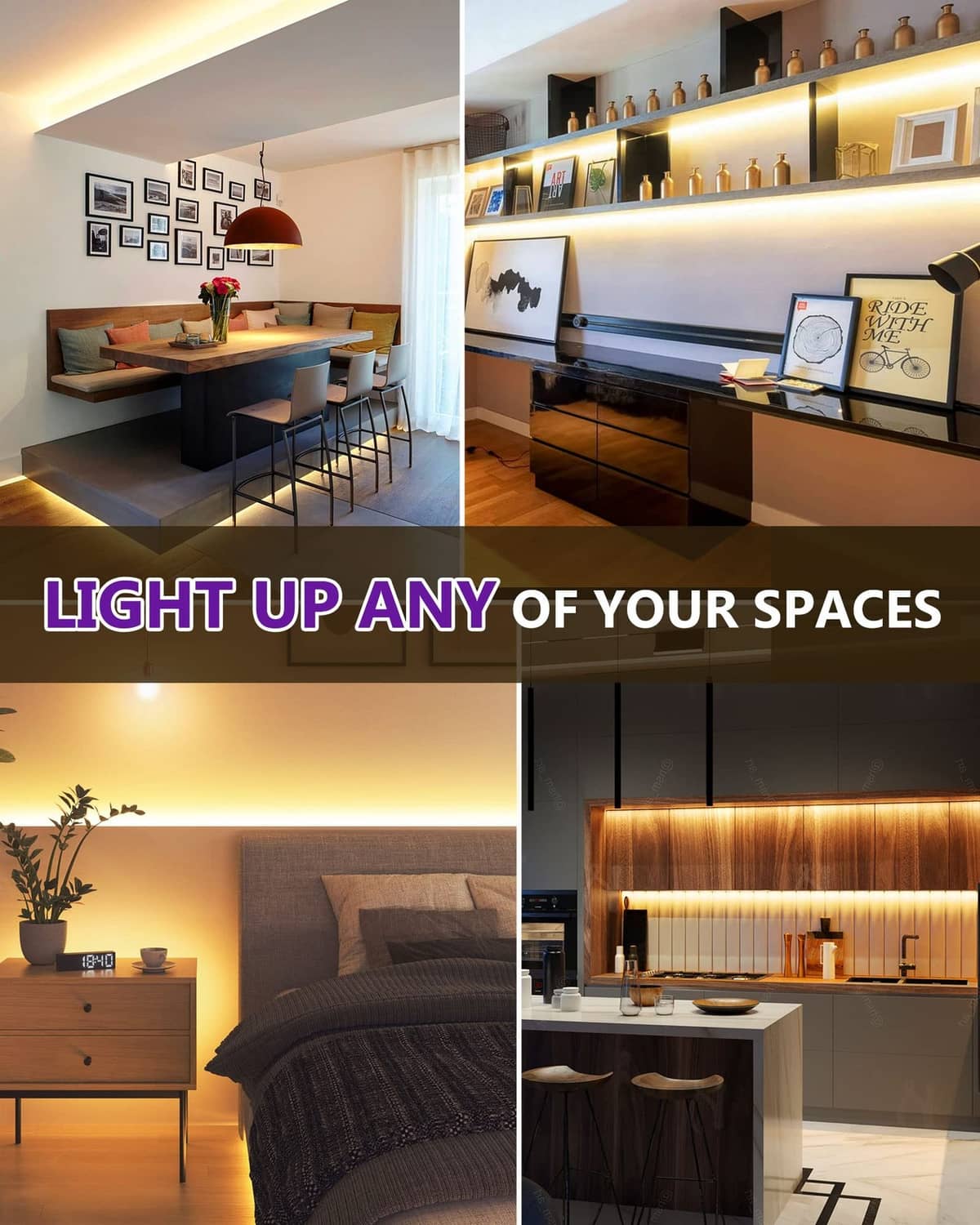 COB LED strip lights illuminating home spaces with warm linear bars