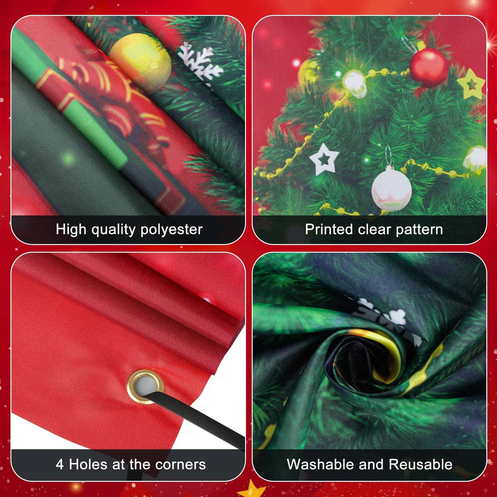 Christmas door cover fabric close-up: polyester print with 4 corner holes and grommet