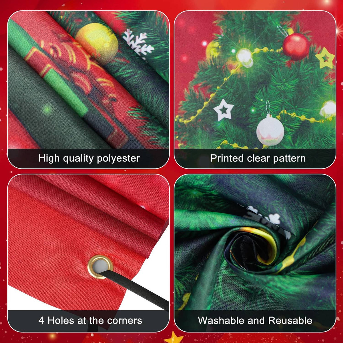 Christmas door cover fabric close-up: polyester print with 4 corner holes and grommet
