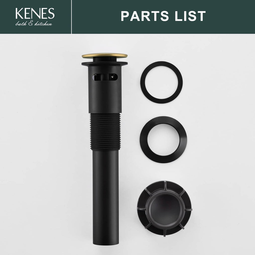 Pop-up sink drain parts set with black drain body, rings, and cover