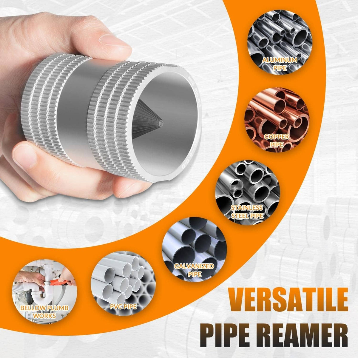 Pipe reamer with ridged metal grip and open-ended cylindrical body in hand.