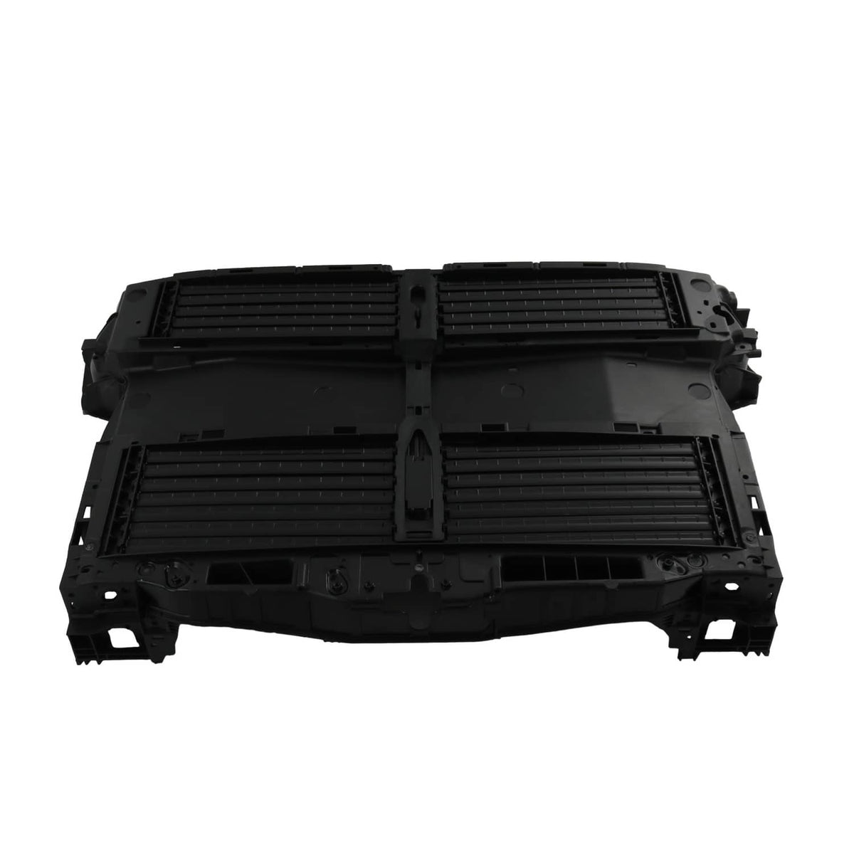 Front bumper air shutter grille with multiple vent slats and mounting cutouts, black
