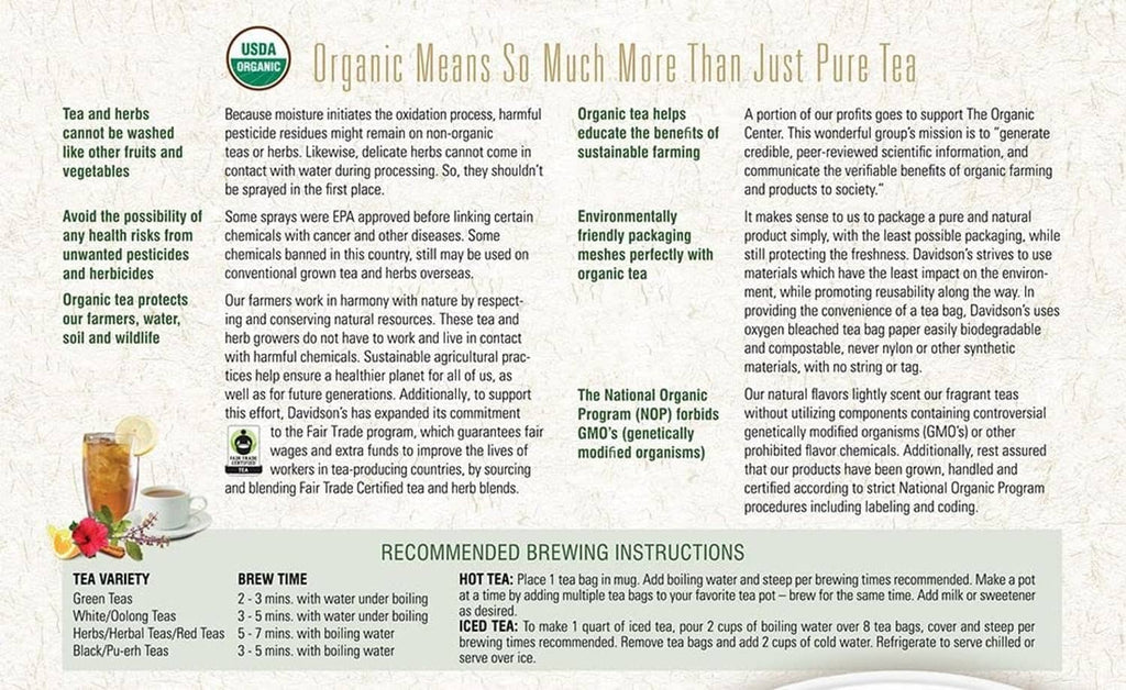 Tea package back panel with brewing instructions and product information