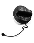 Fuel tank filler cap with black tether cord and caution markings