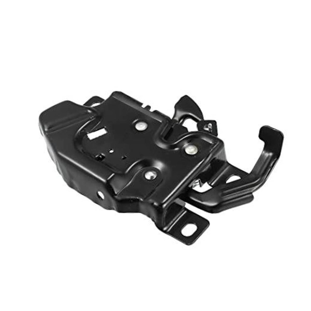 Black engine hood latch lock assembly with mounting bracket and striker hook