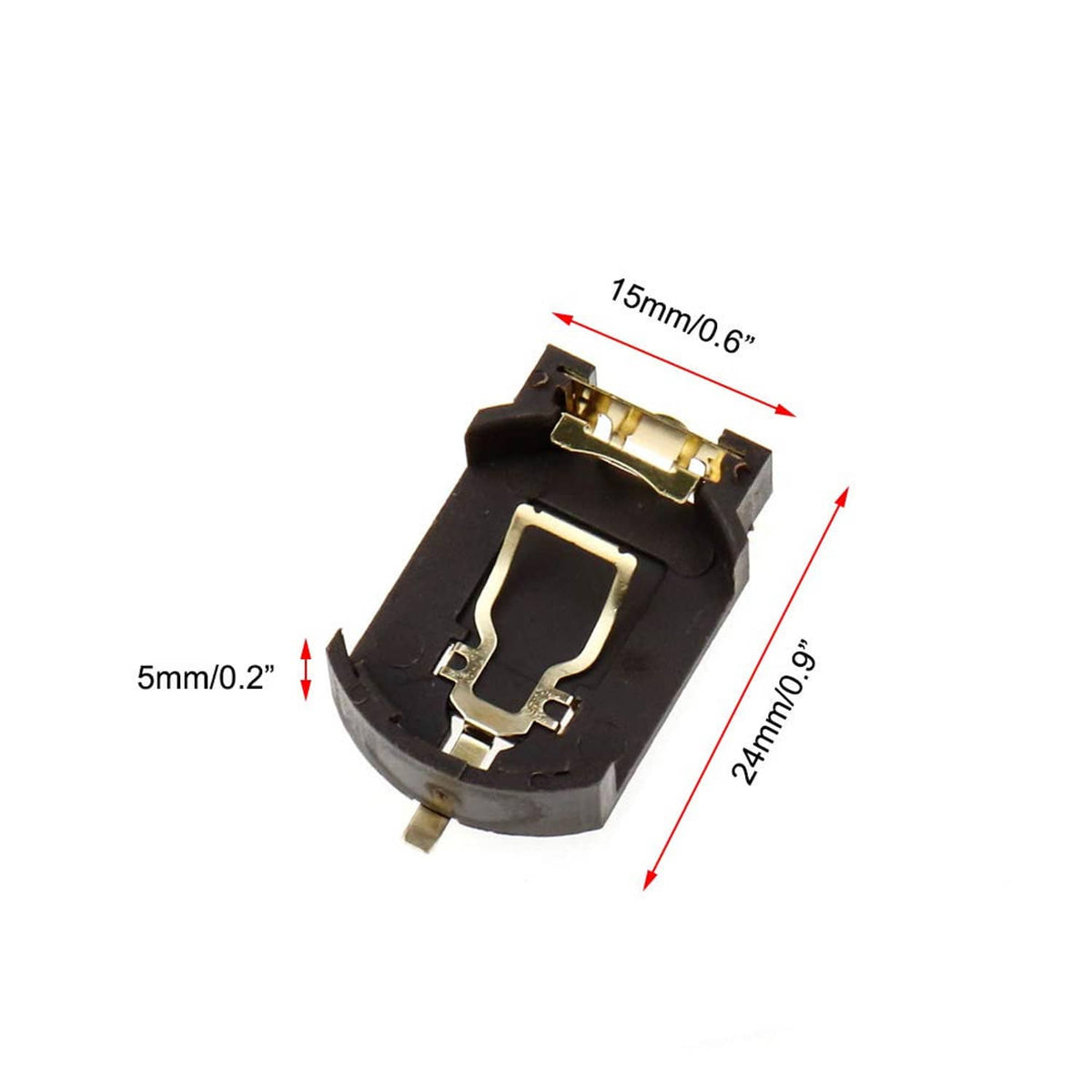Single CR2032 coin cell battery holder, black base with gold spring contacts