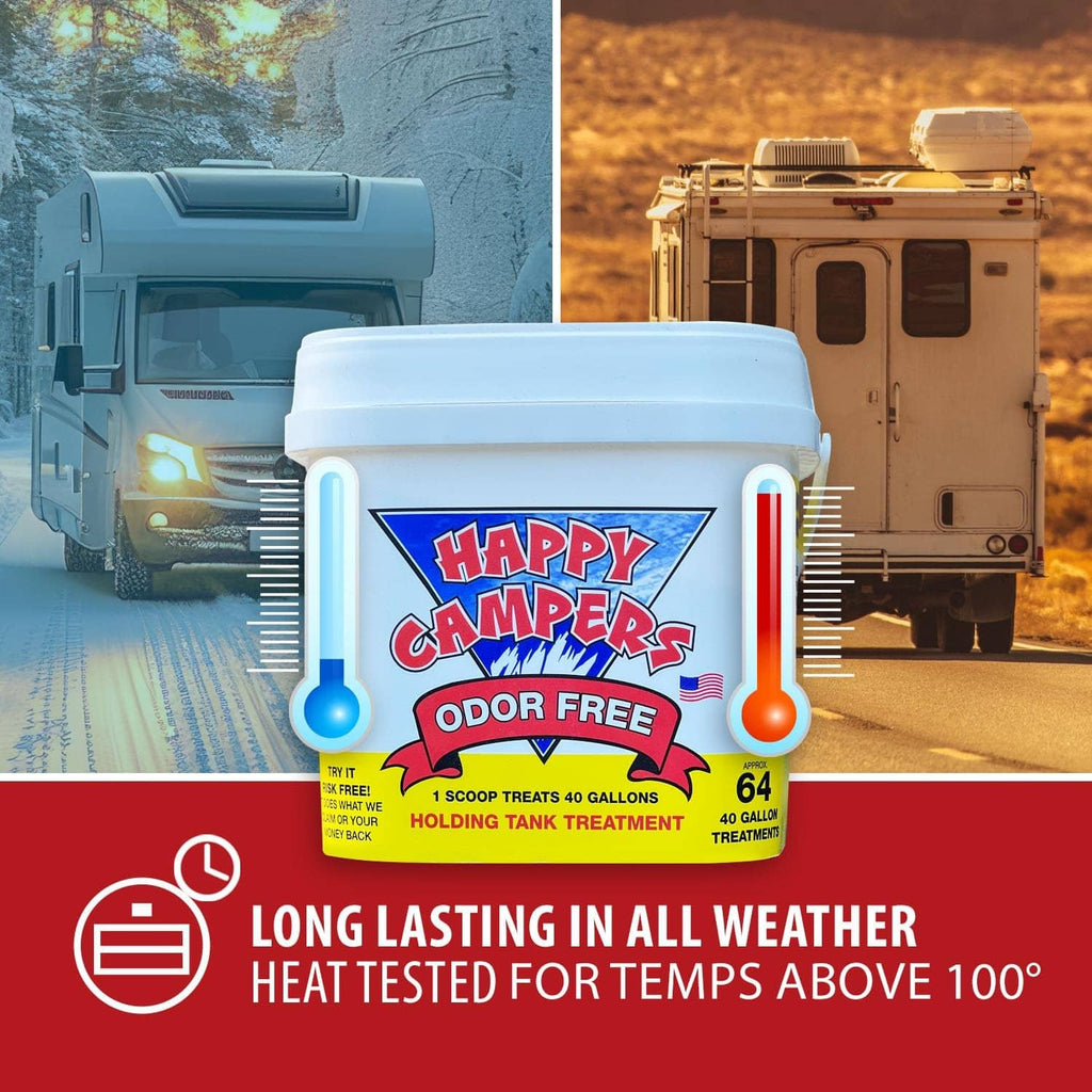 White bucket with Happy Campers Odor Free holding tank treatment label with heat icon