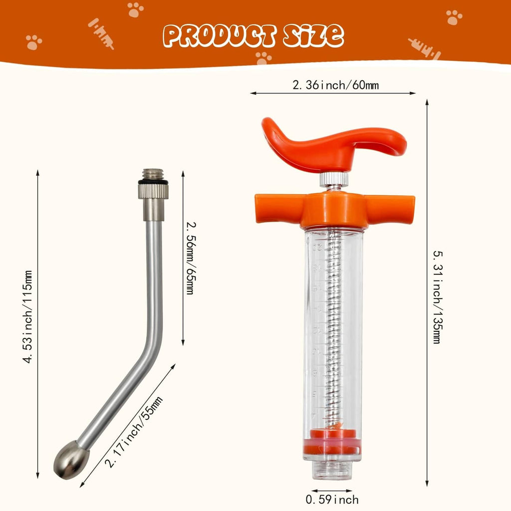Orange drench syringe gun with adjustable handle and clear barrel with size guide