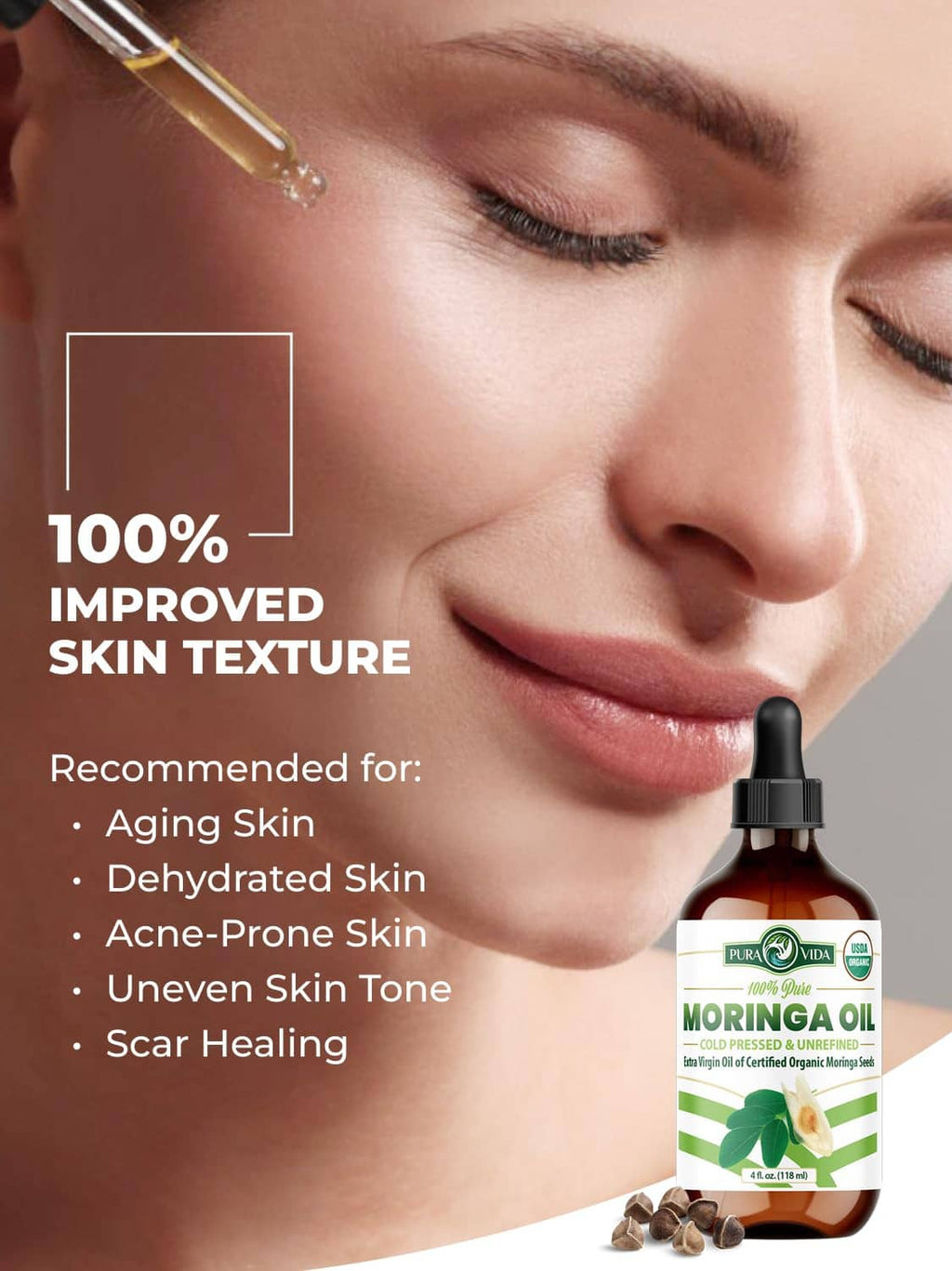 Moringa oil dropper on face close-up with amber bottle shown at bottom