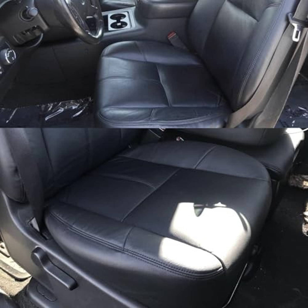Black leather front seat bottom replacement cover installed on car seat