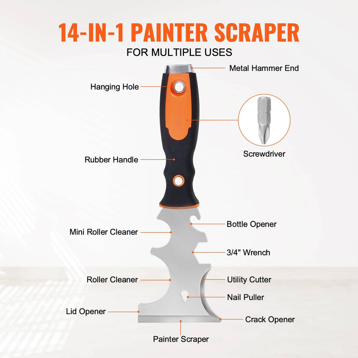 14-in-1 painter scraper tool with orange-black rubber handle and metal scraping edge