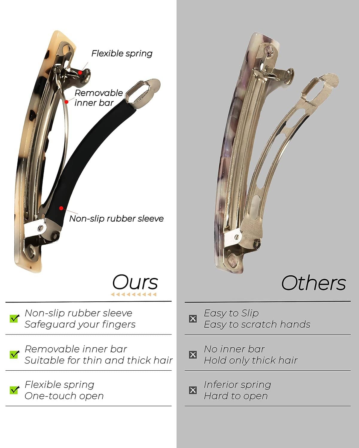 Hair barrettes with spring hinge and metal bar, shown in tortoiseshell and clear finishes.
