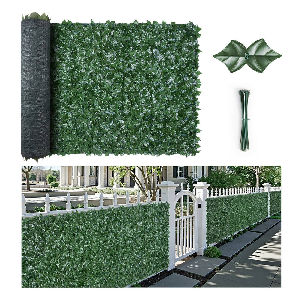Artificial ivy leaf fence screen with green faux leaves and mesh backing roll, bundle set