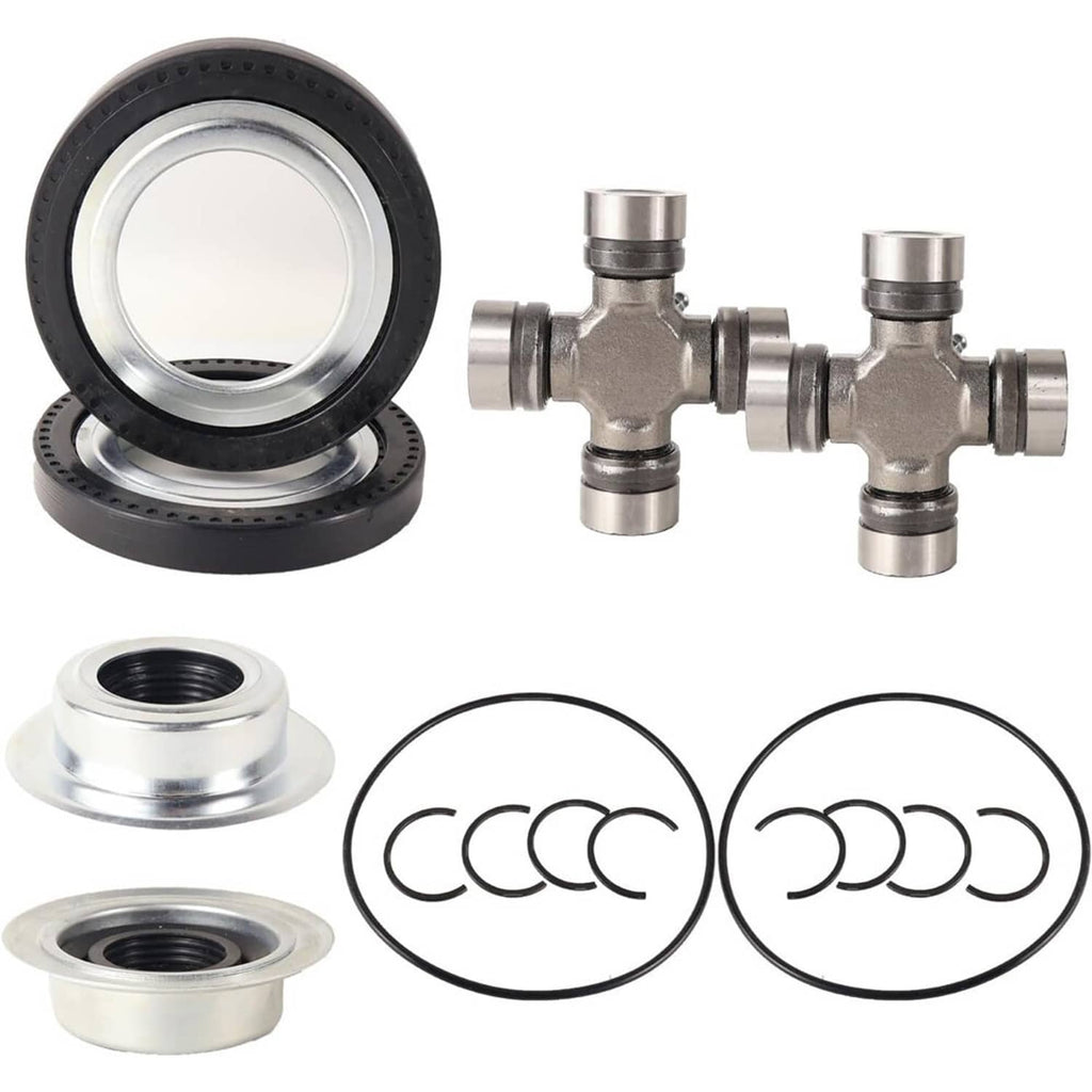 Front axle seal and U-joint kit components with metal cross joints and seal rings