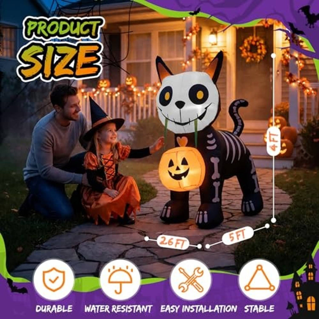 Full-body inflatable black cat with glowing pumpkin lantern and white skeleton rib details