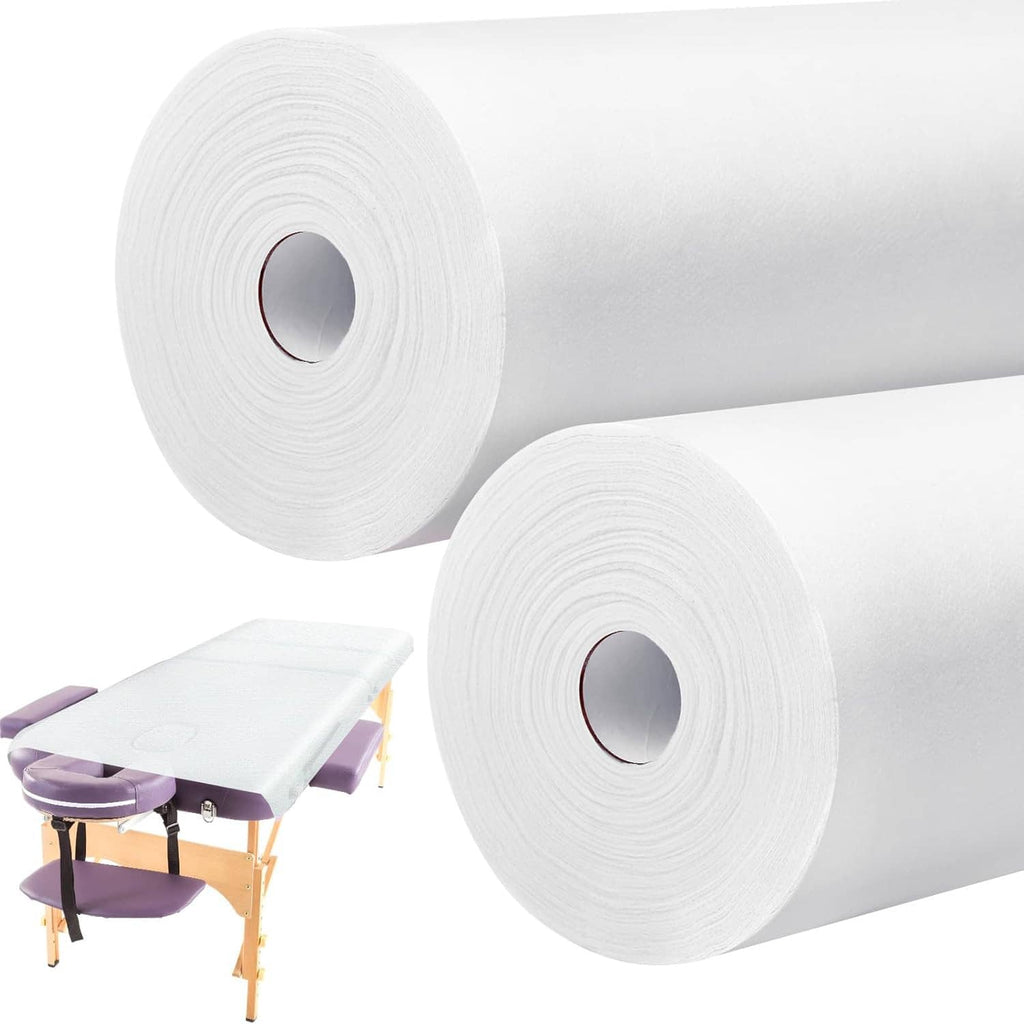 Disposable non-woven bed sheet rolls with folded cover on a massage table