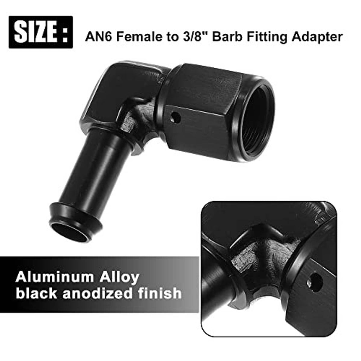 Black anodized aluminum AN6 female to 3/8 hose barb fitting adapter, angled