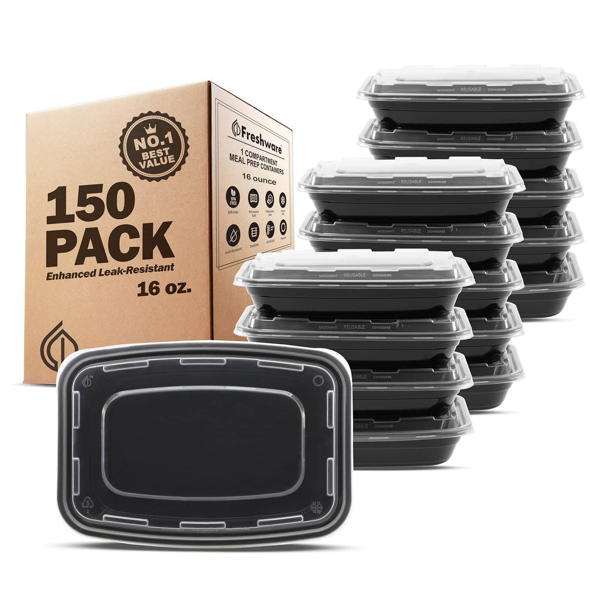 Freshware 150-pack black 16 oz meal prep containers with clear airtight lids