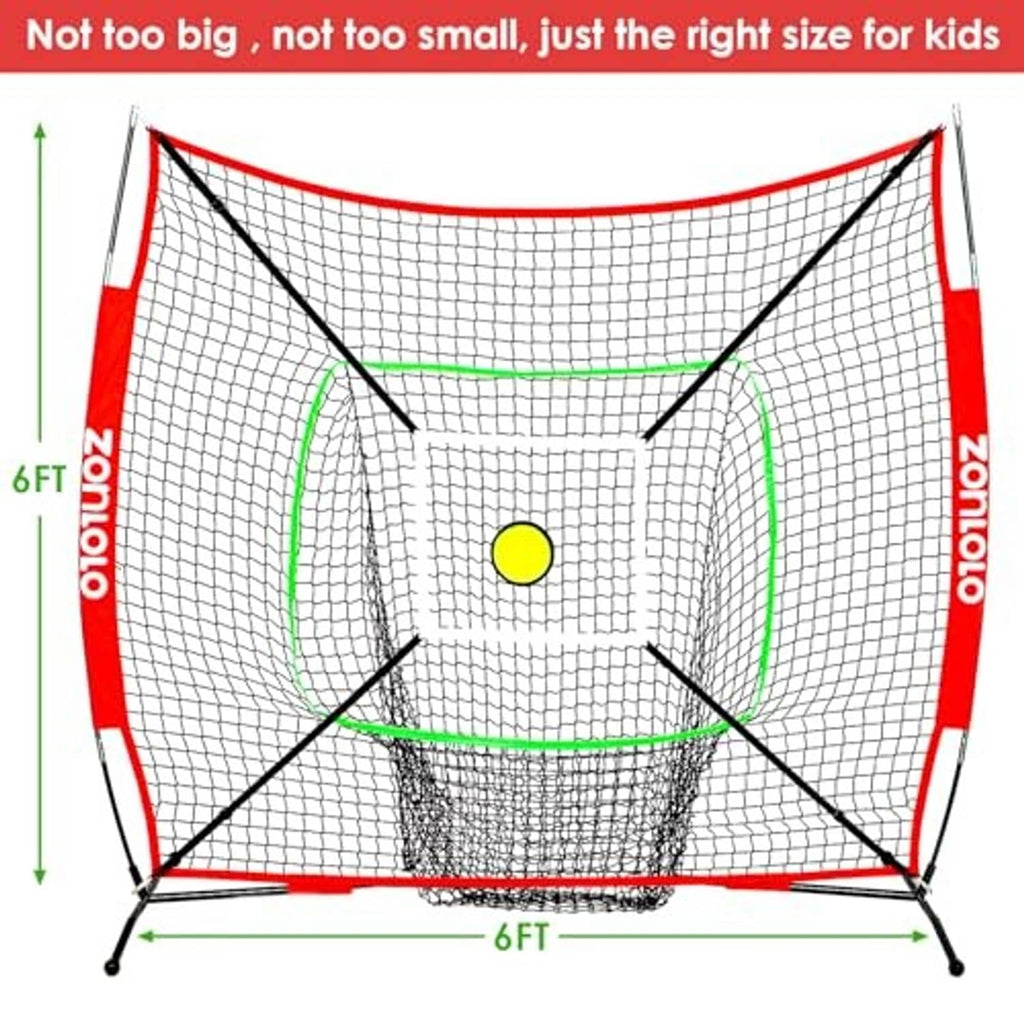 Baseball and softball practice net with white mesh, red frame, green rings, and a center target ball.