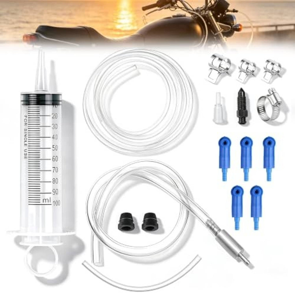 Brake bleeder kit set with 100 mL syringe, clear tubing, blue adapters, metal connection parts