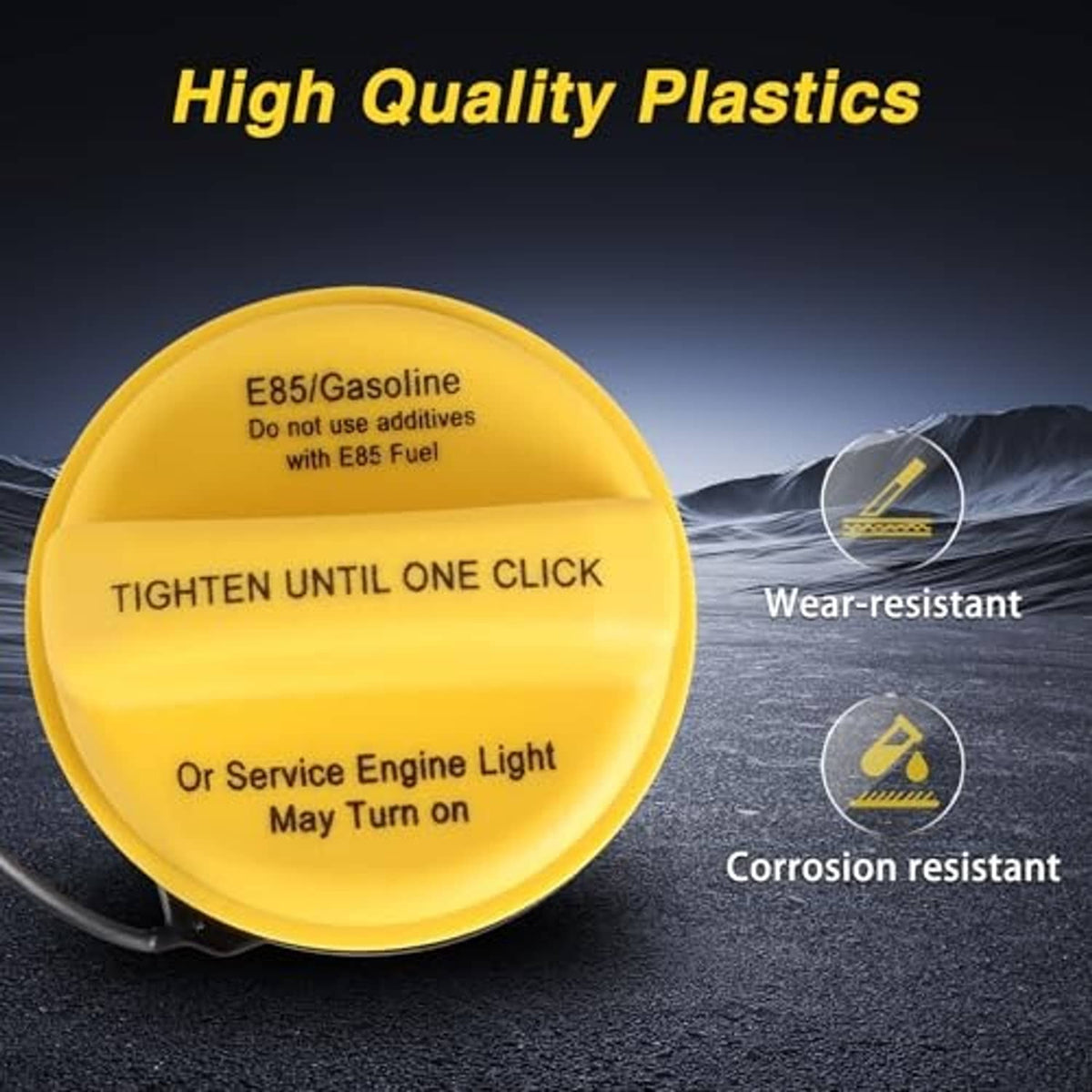 Yellow fuel tank filler cap with black tether cord, close-up