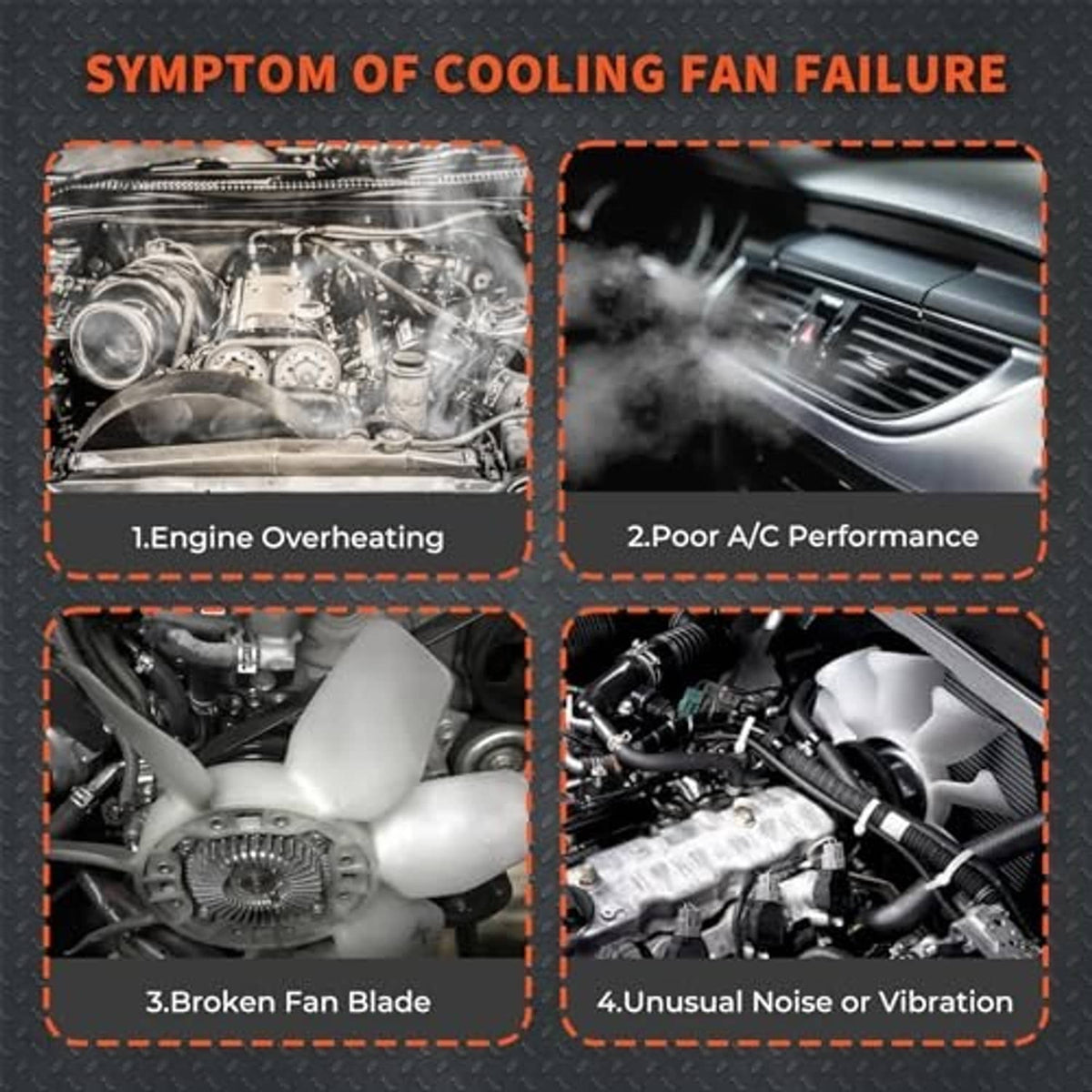 Radiator cooling fan replacement assembly with white fan blades and mounting frame