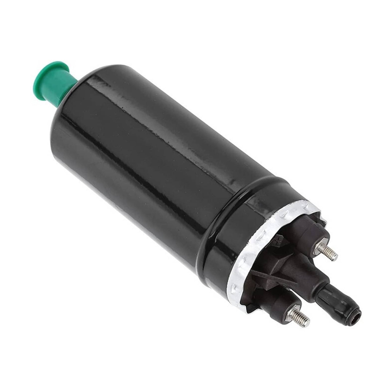 Inline electric fuel pump with black body, silver band, and connector outlets