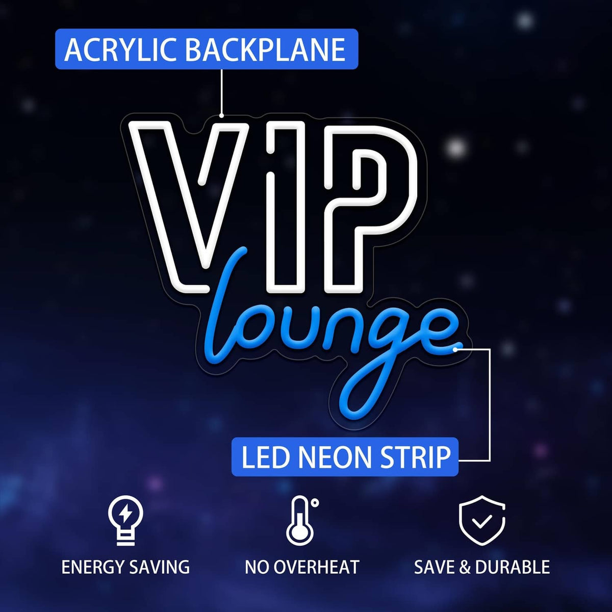 Neon wall sign "VIP lounge" with white and blue glow on acrylic backplane