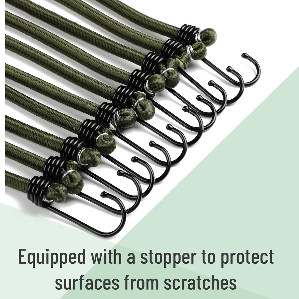 Close-up of olive green bungee cords with black coils and metal end hooks