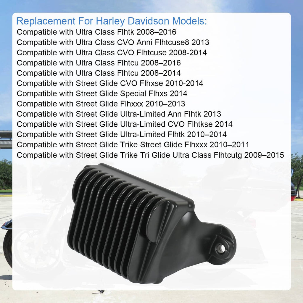 Black voltage regulator rectifier with ribbed top and side mounting hole