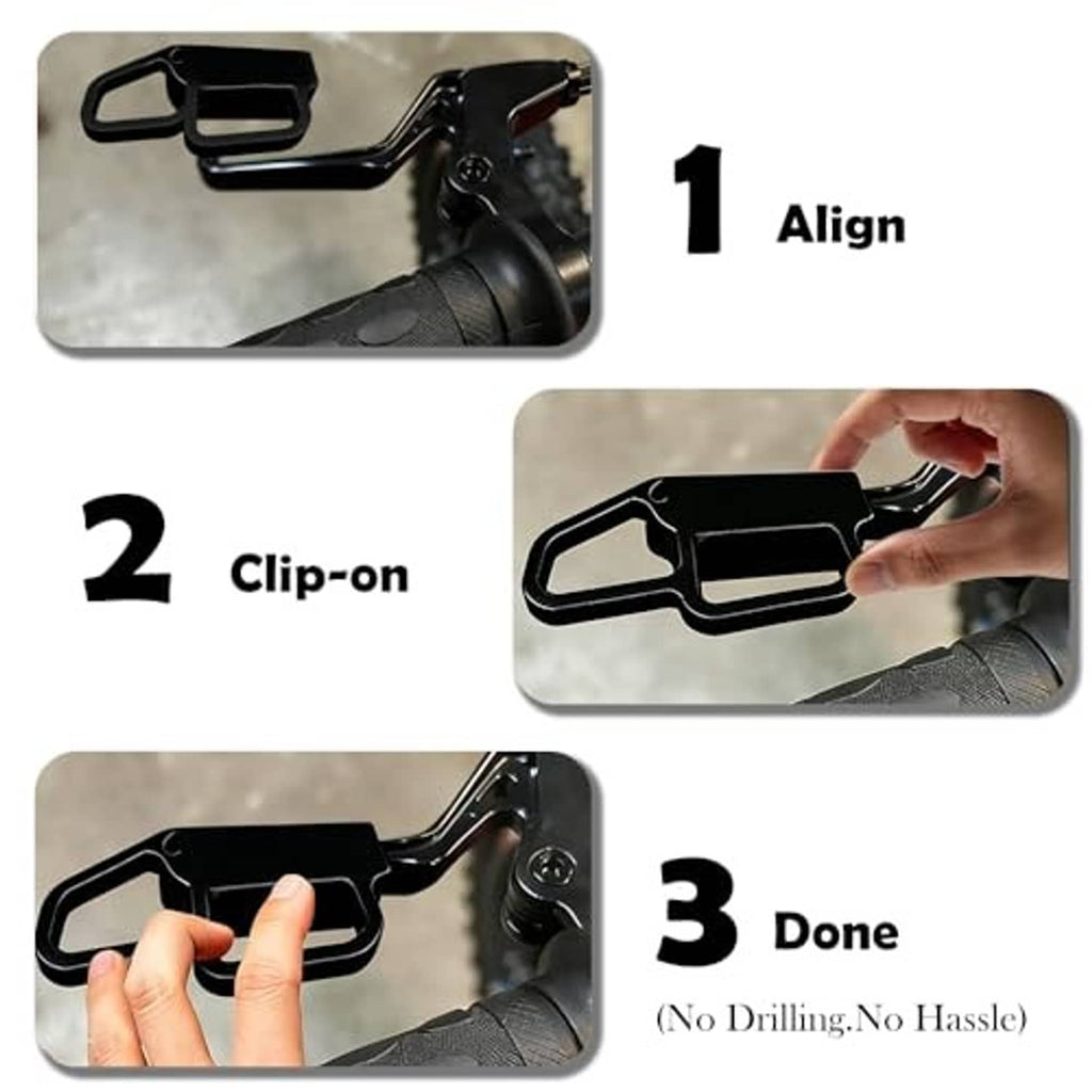 Black clip-on brake lever extender installation steps kit with hand mounting