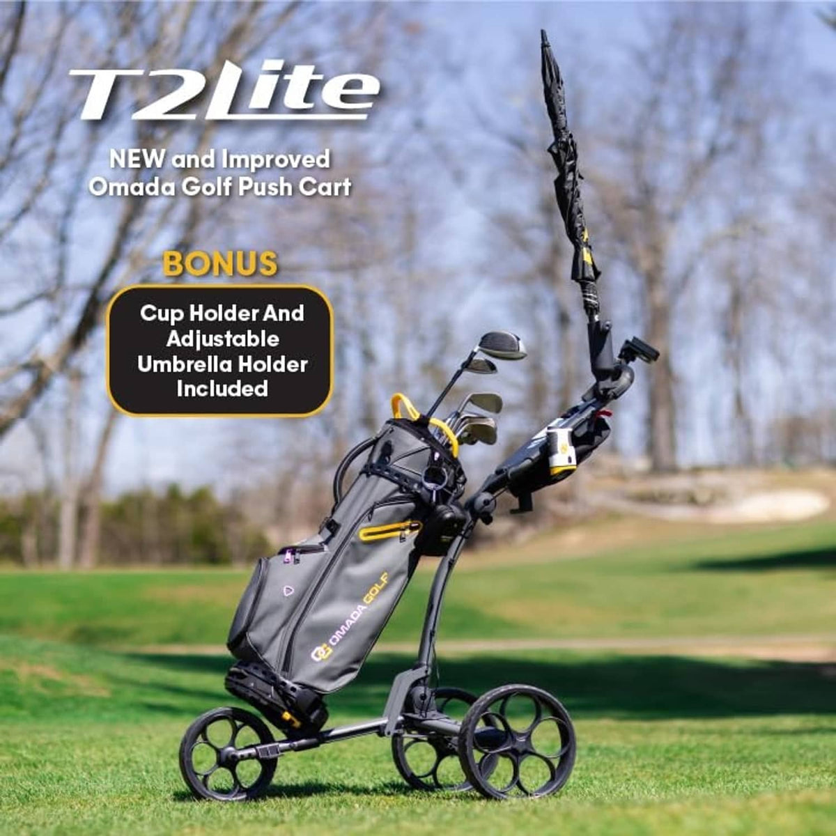 Compact golf push cart with attached golf bag and cart frame on a course