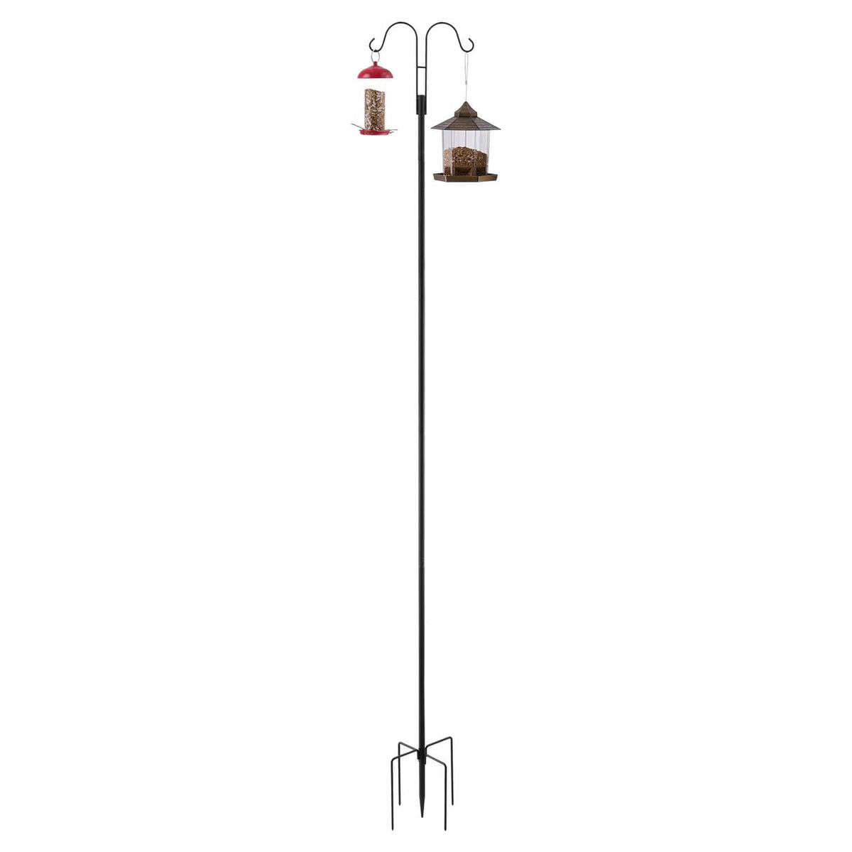 Black double-hook shepherds hook pole holding bird lantern feeders on two hooks