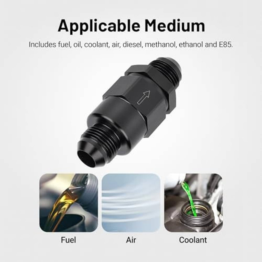 Black 10AN male one-way check valve fitting with threaded inlet and outlet ports