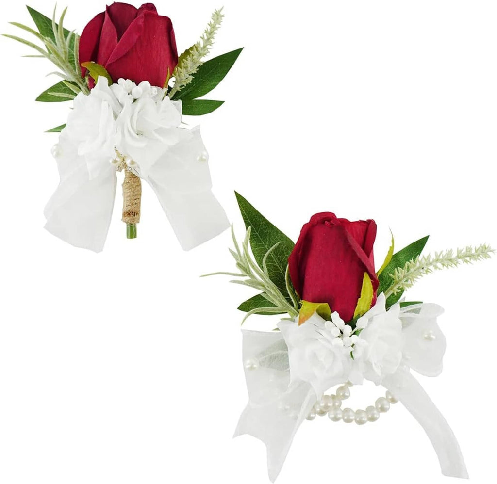 Burgundy and white corsage plus boutonniere set with rose, ribbon, pearl accents