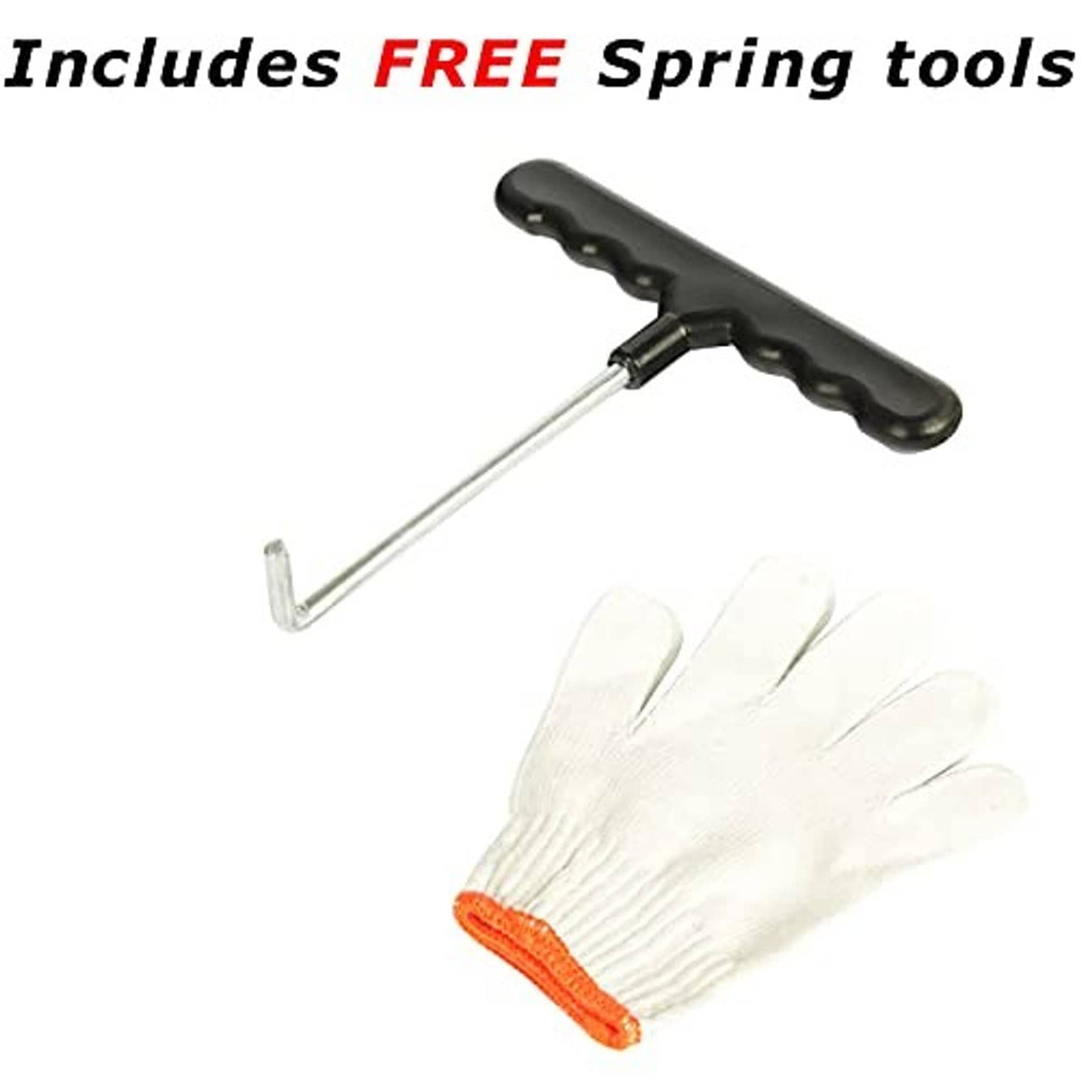 Spring tool and white gloves included for replacing trampoline mat springs