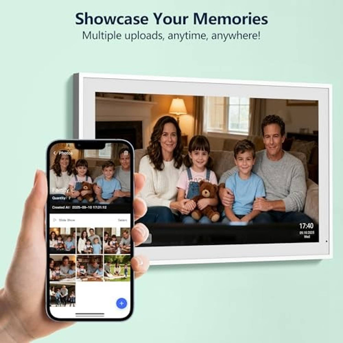 Digital calendar screen with family photo sync and smartphone preview held in hand
