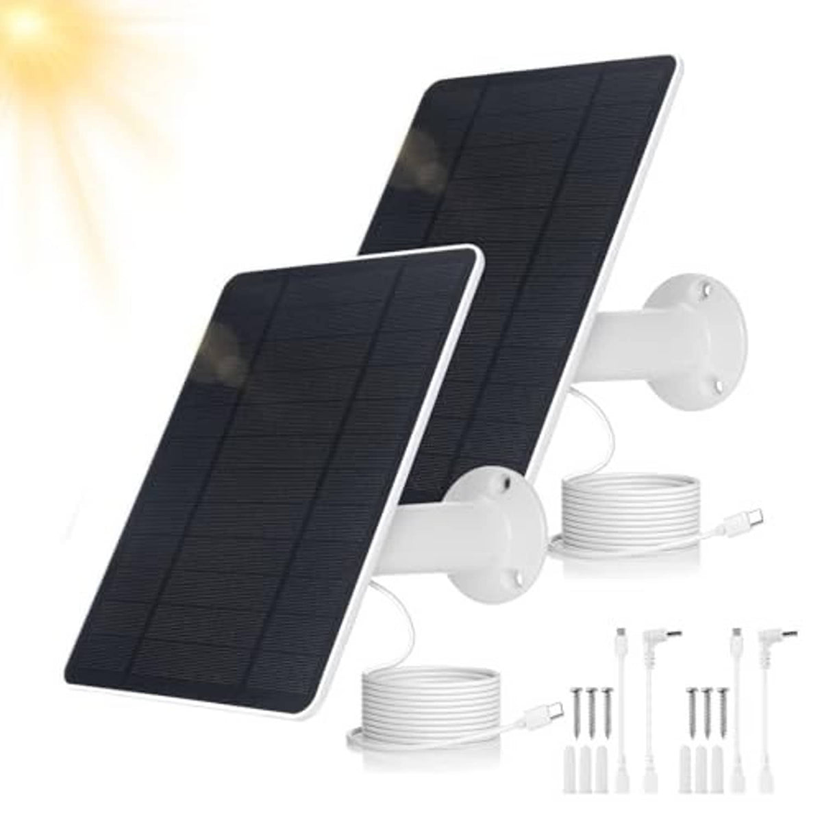 Two black solar panels with white round mounts, charging cable and coiled wires
