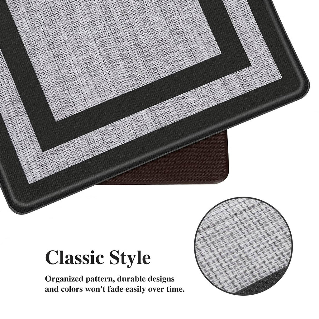 Close-up of kitchen mat corner showing thick black border and gray textured weave