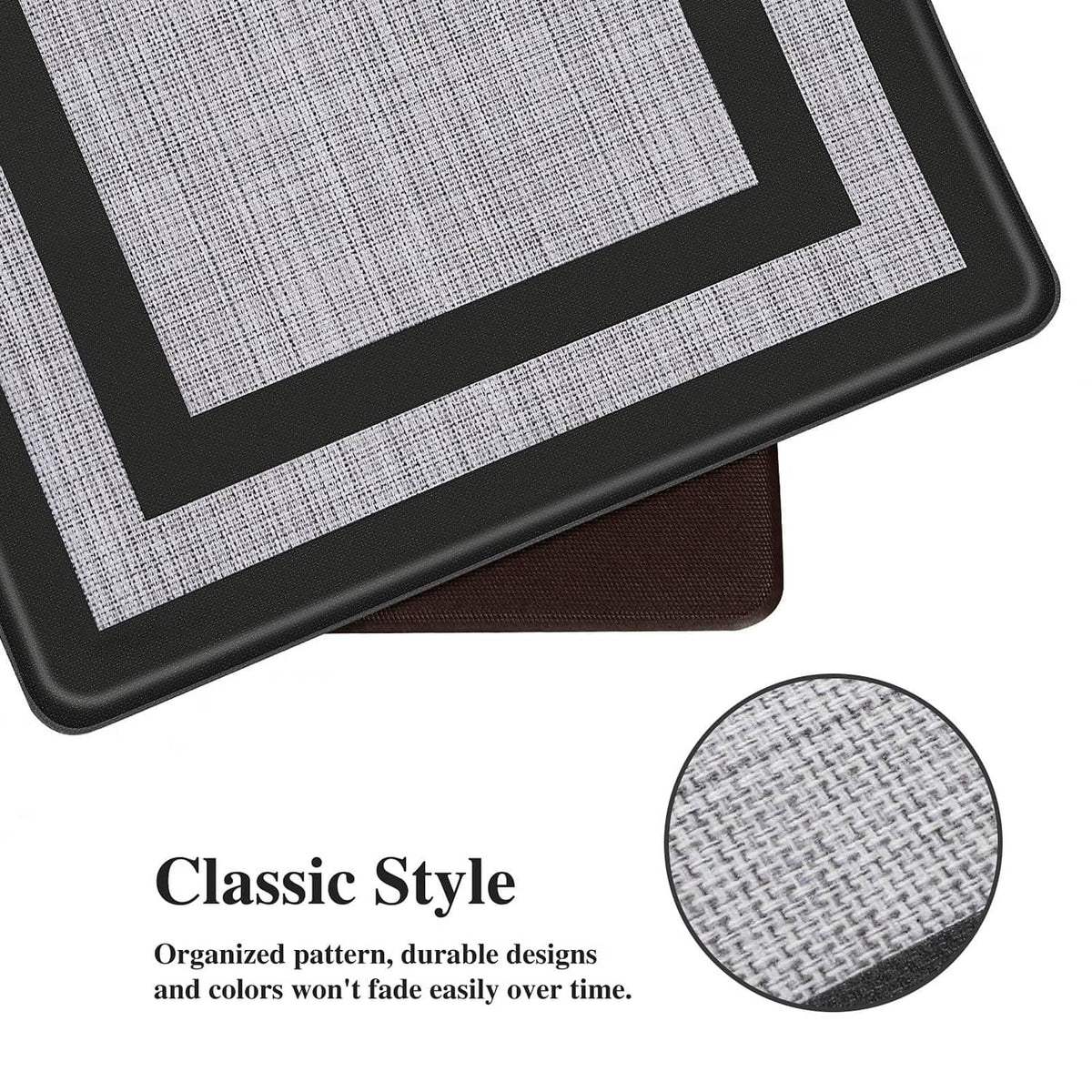 Close-up of kitchen mat corner showing thick black border and gray textured weave