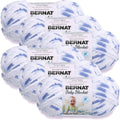 Bernat Baby Blanket yarn skeins, light blue denim-print stripes, soft plush texture