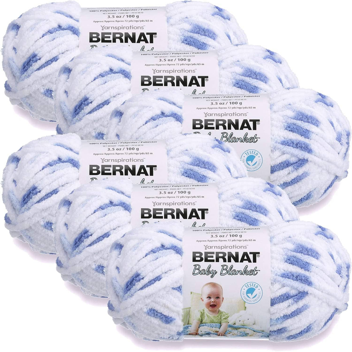 Bernat Baby Blanket yarn skeins, light blue denim-print stripes, soft plush texture